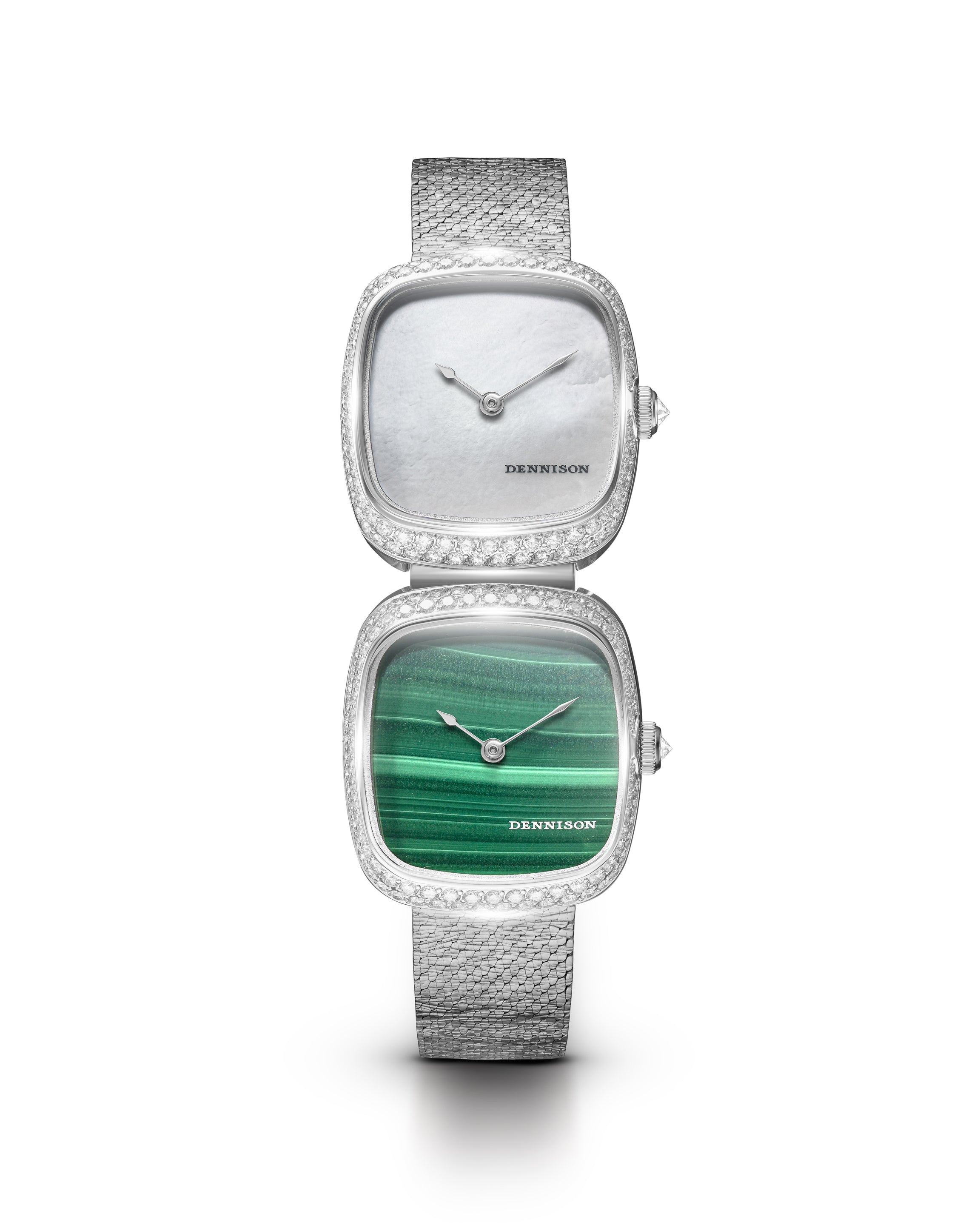 Dennison Dual Time Mini – White MOP & Malachite — White MOP & Malachite Diamonds White Dial Straps