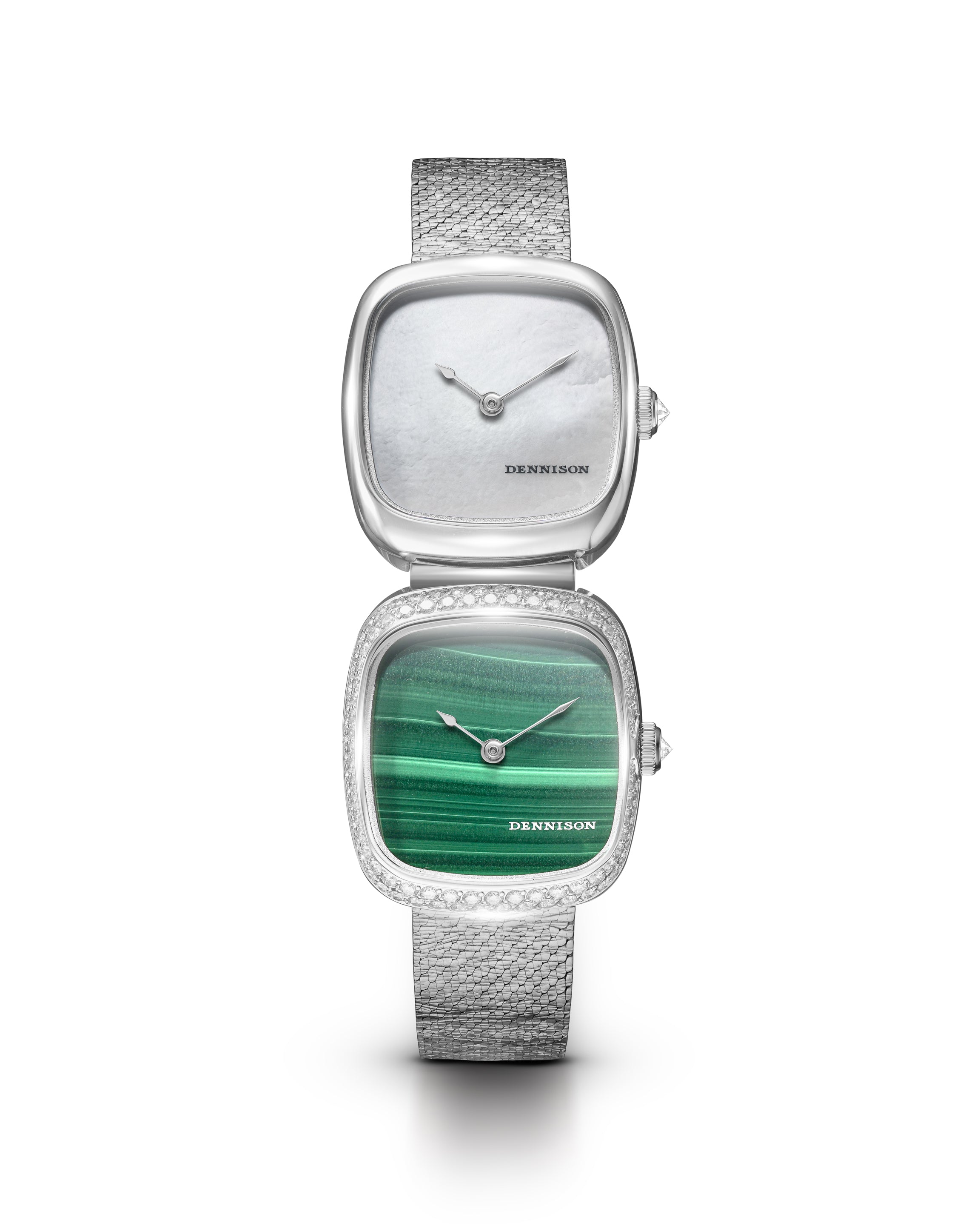 Dennison Dual Time Mini – White MOP & Malachite — White MOP In Steel & Malachite Diamonds White Dial Straps