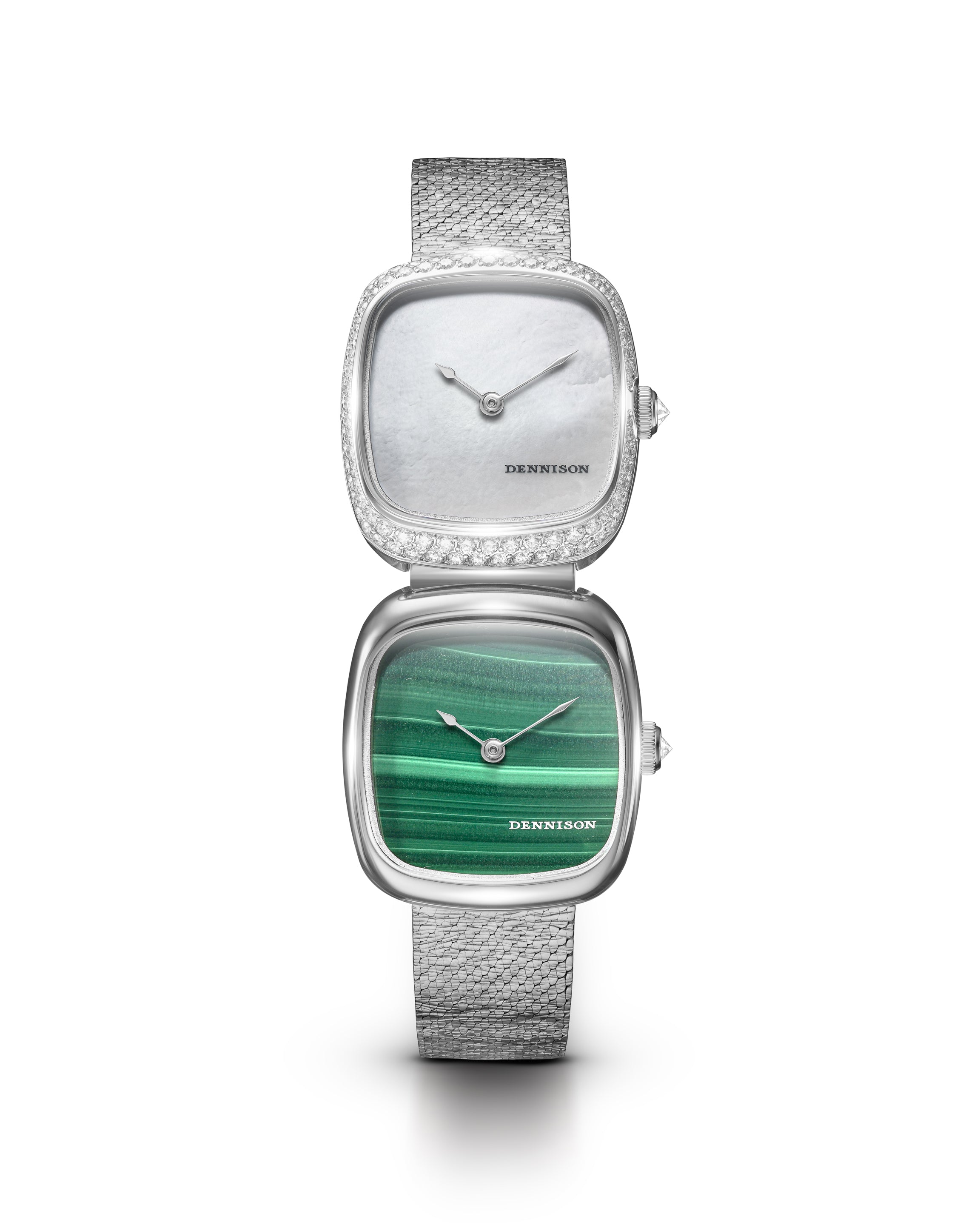 Dennison Dual Time Mini – White MOP & Malachite — White MOP Diamonds & Malachite In Steel White Dial Straps