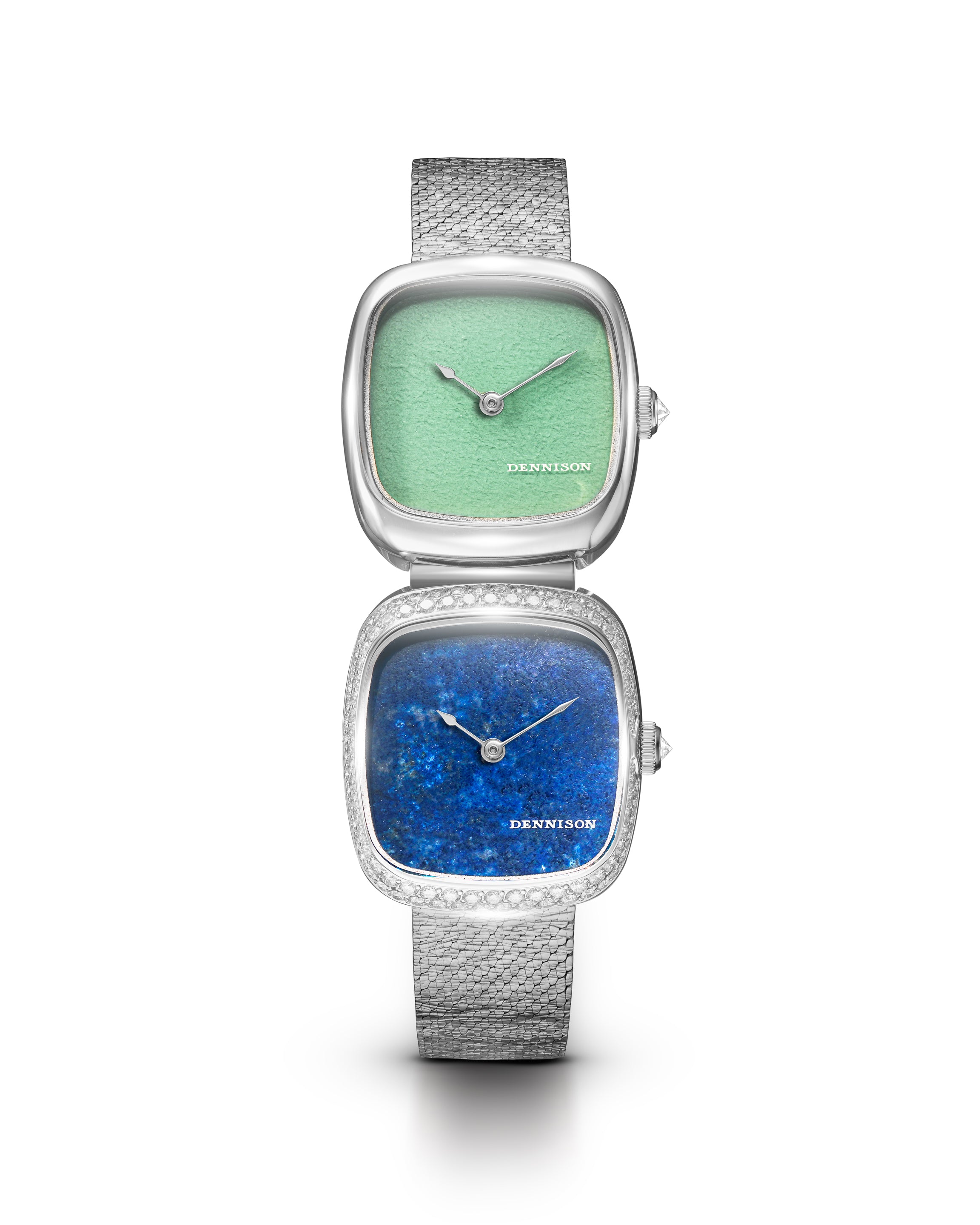 Dennison Dual Time Mini – Lagoon Jadeite & Lapis Lazuli — Lagoon Jadeite In Steel & Lapis Lazuli Diamonds Green Dial Straps
