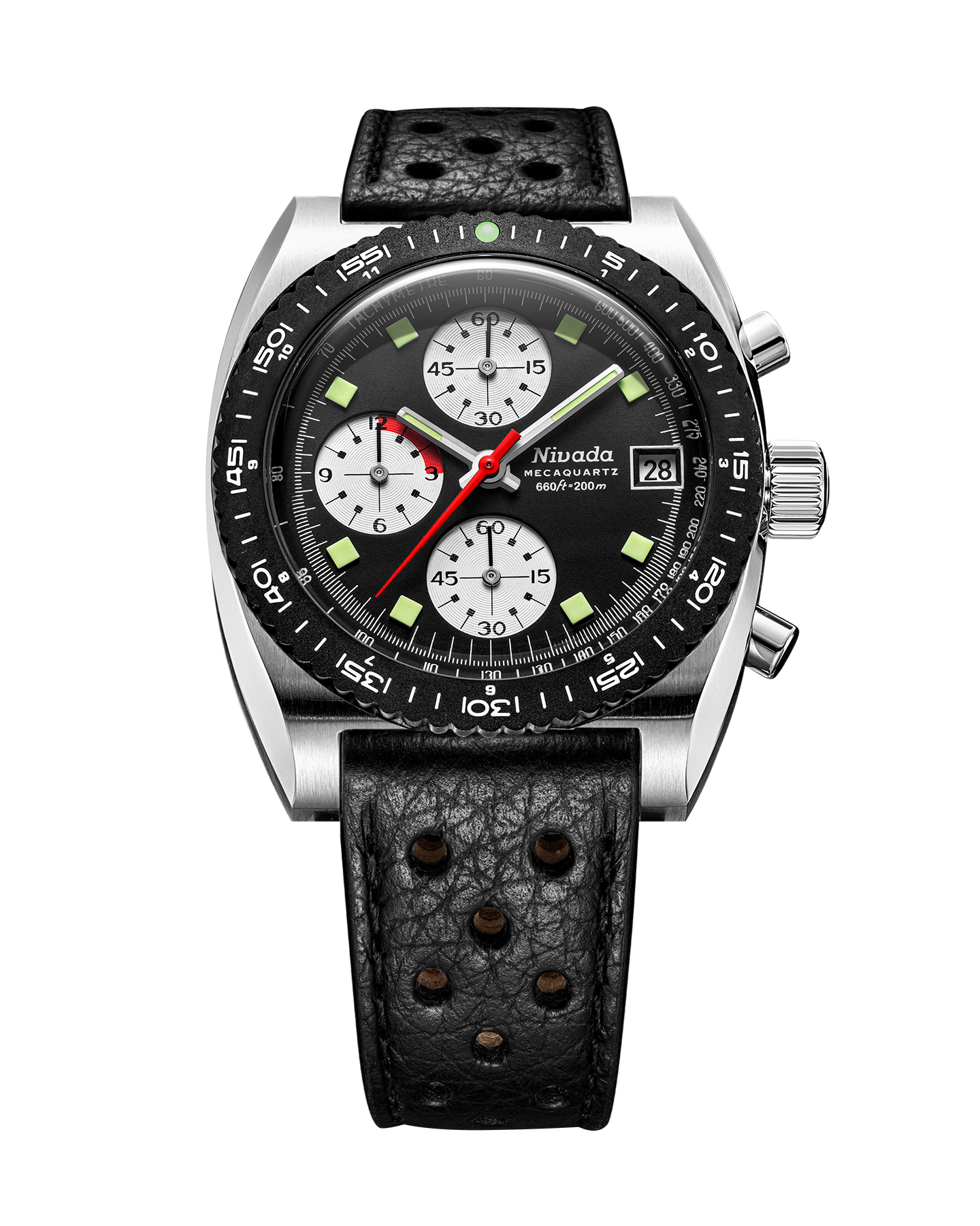 Nivada Grenchen Reverse Panda Mecaquartz Black Dial Straps