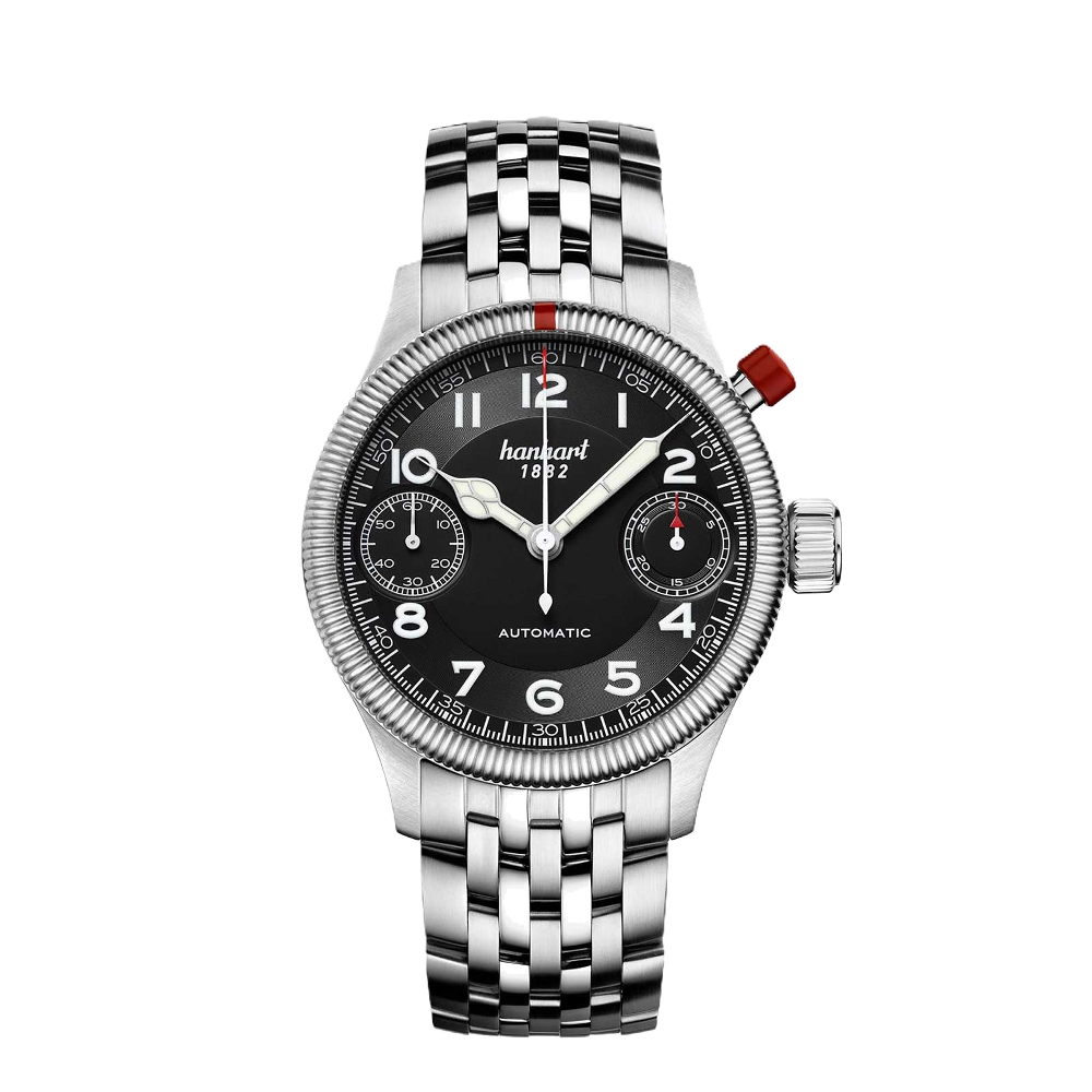 Hanhart PIONEER MonoScope, schwarz kannelierte Lünette, 45 mm 733.210-6428