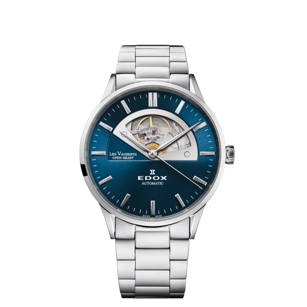 Edox Edox Les Vauberts Open Heart Automatic 85014-3M-BUIN Blue Dial Straps