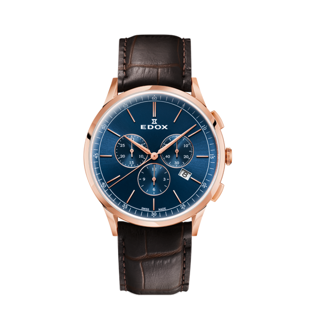 Edox Edox Les Vauberts Chronograph Date 10236-37RC-BUIR Blue Dial Straps
