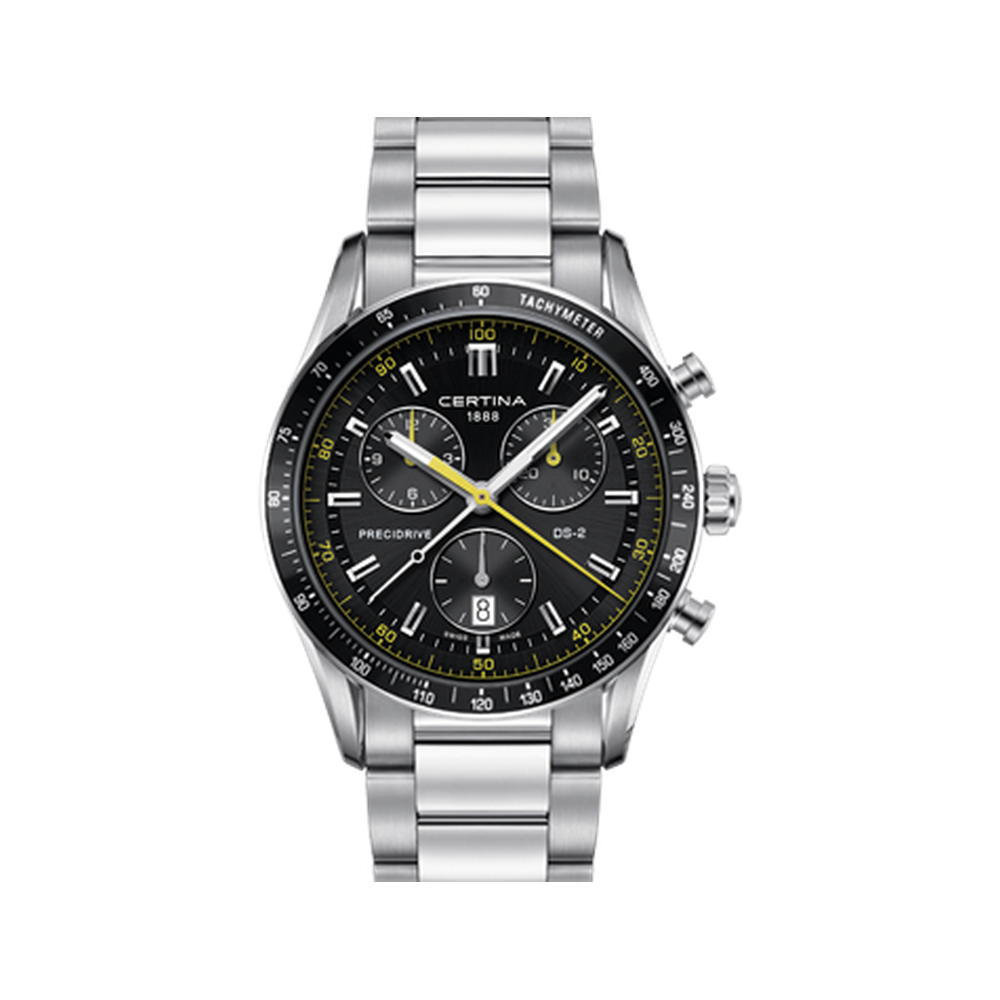 Certina DS 2 Chrono 1/100 Sec PreciDrive Yellow Black Dial Straps