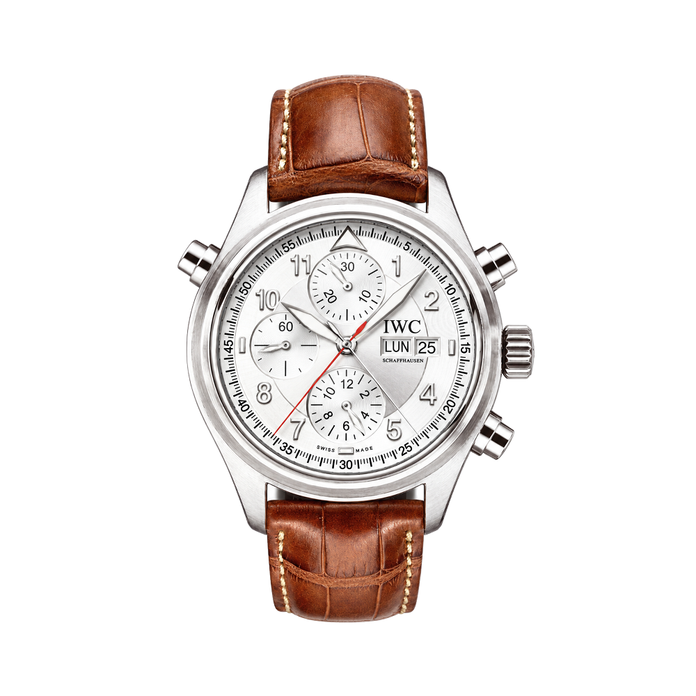 IWC Pilot's Watch Spitfire Double Chronograph Stainless Steel / Silver / French / Strap
