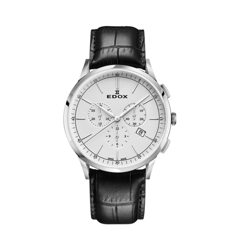 Edox Edox Les Vauberts Chronograph Date 10236-3C-AIN Silver Dial Straps