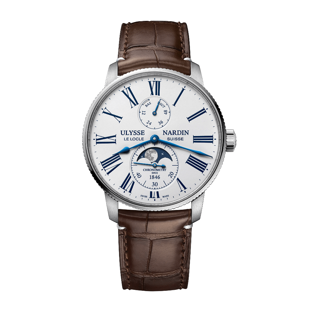 Ulysse Nardin Marine Torpilleur Moonphase White Brown Alligator White / Blue / Grey / Silver Dial Straps
