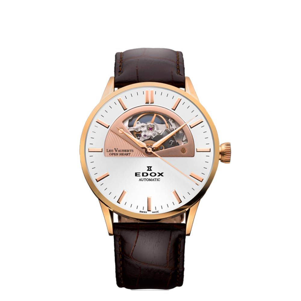 Edox Edox Les Vauberts Open Heart Automatic 85014-37R-AIR Silver Dial Straps