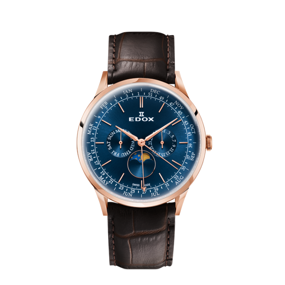 Edox Edox Les Vauberts Annual Calendar 40101-37RC-BUIR Blue Dial Straps