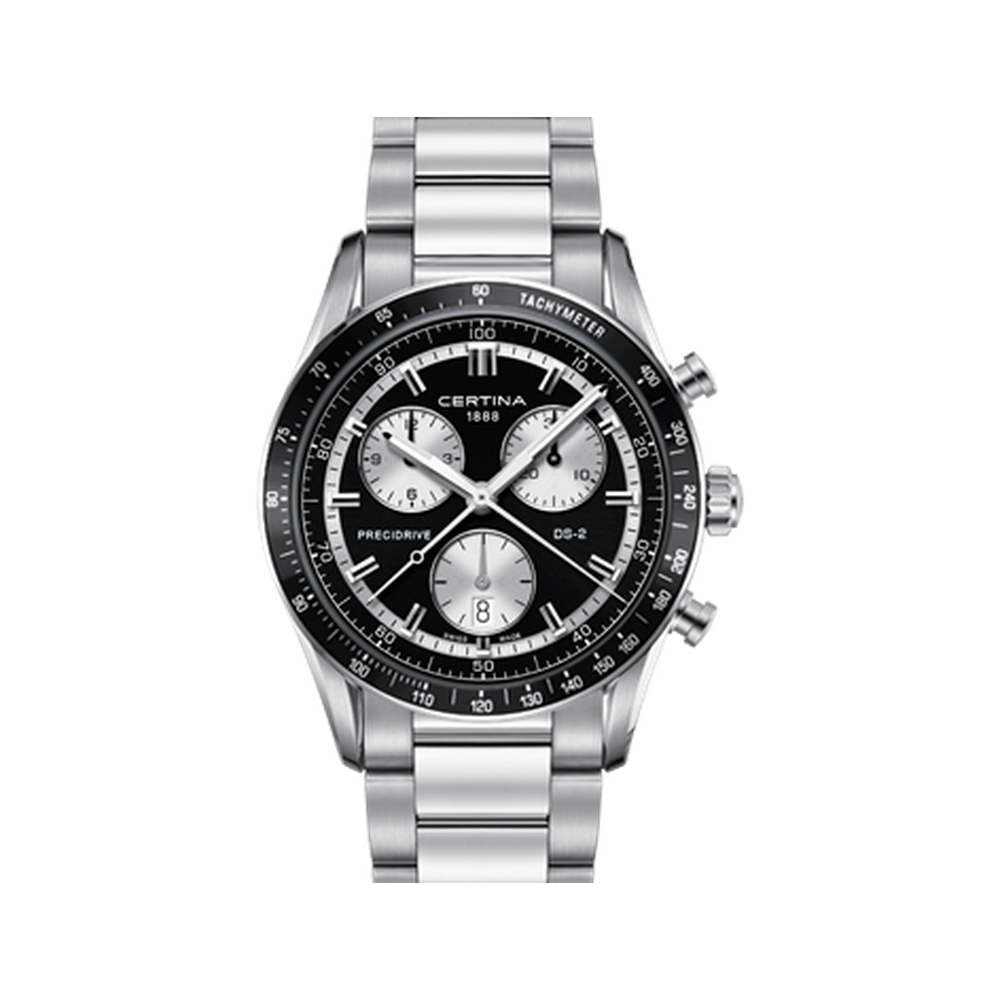 Certina DS 2 Chrono 1/100 Sec PreciDrive Inverted Panda Black Dial Straps