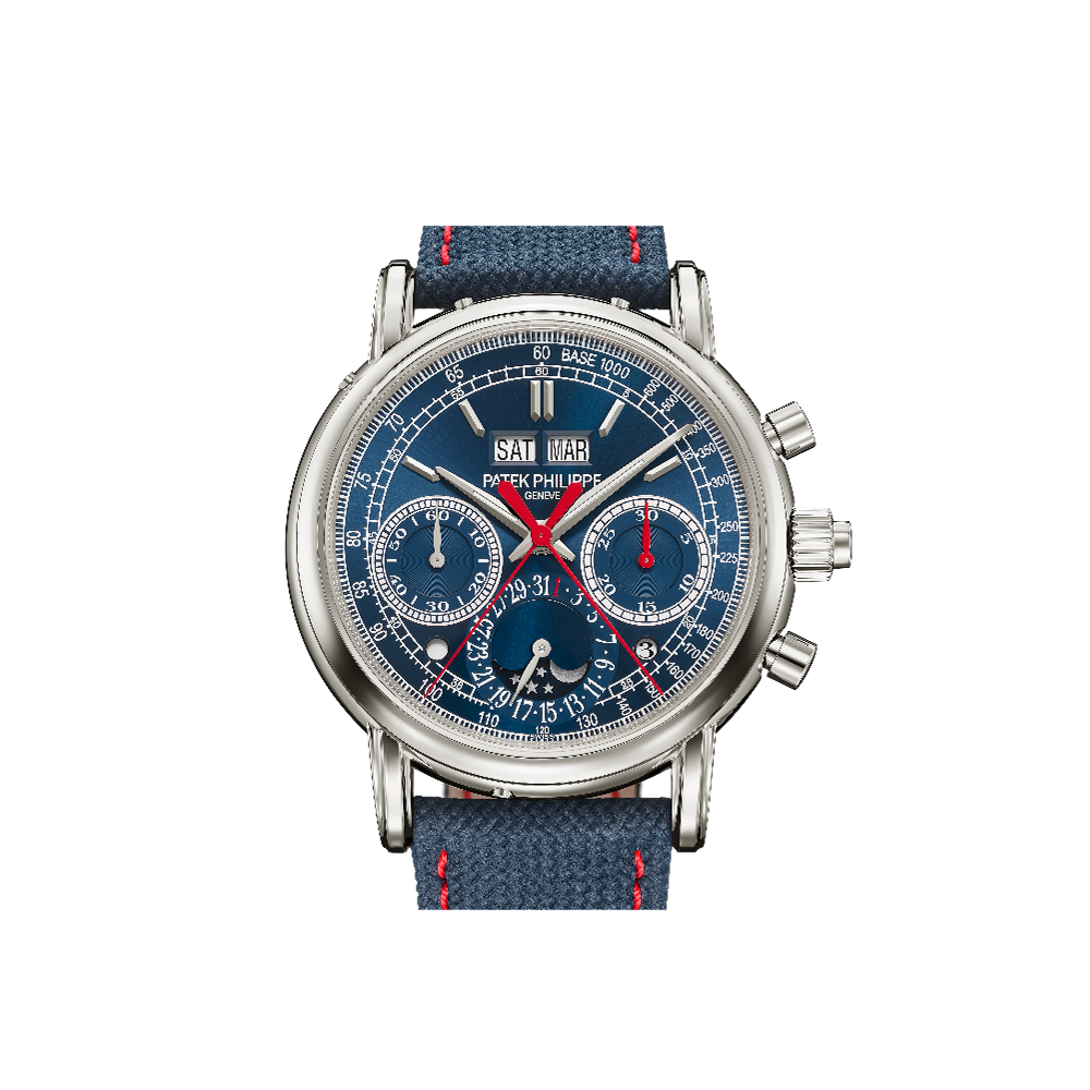 Patek Philippe Split-Seconds Chronograph Perpetual Calendar White Gold Navy Blue / White / Red / Silver Dial Straps