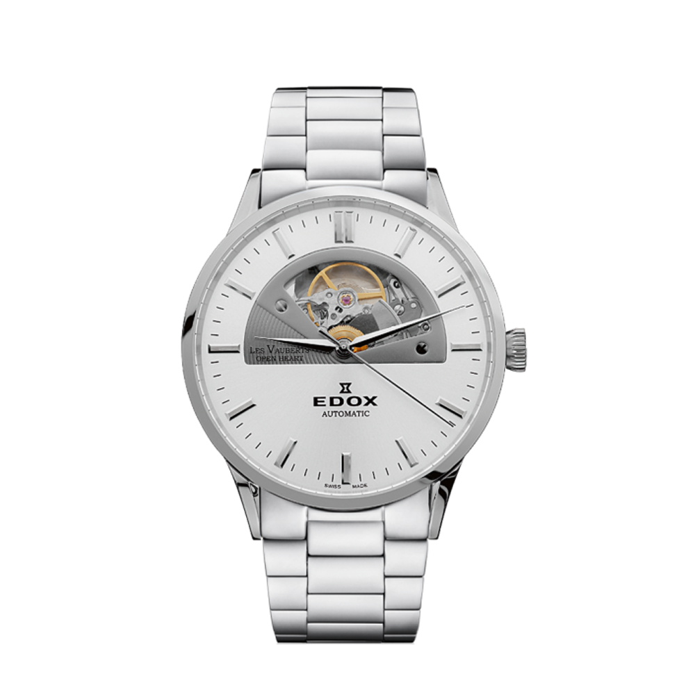 Edox Edox Les Vauberts Open Heart Automatic 85014-3M-AIN Silver Dial Straps