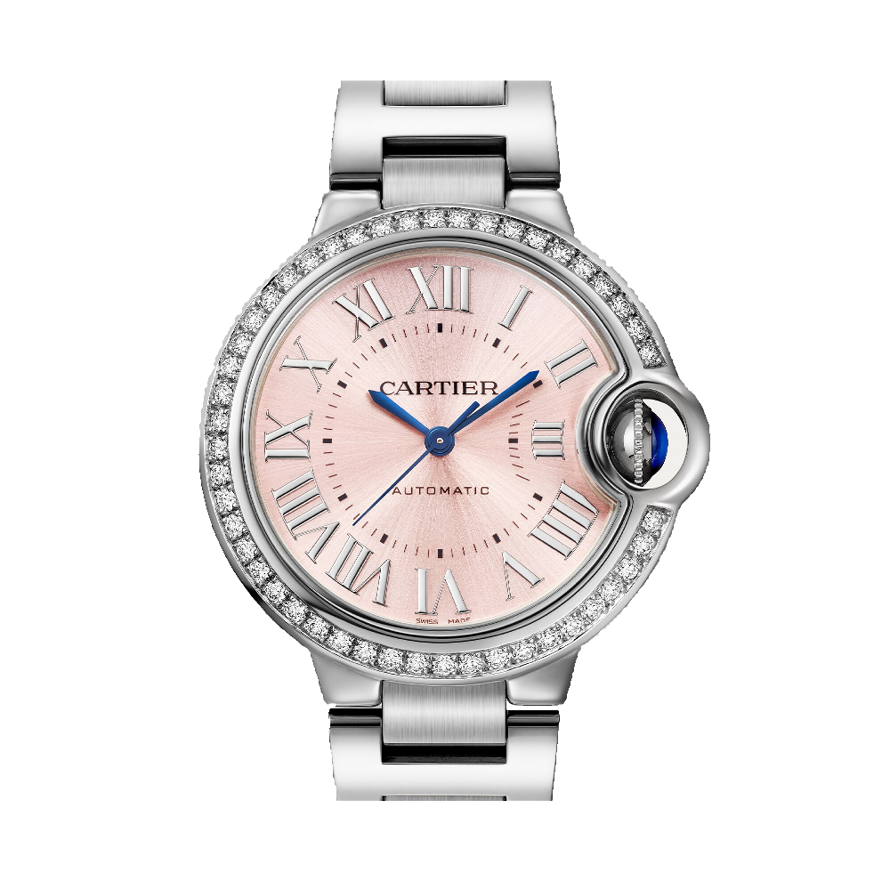 Cartier Ballon Bleu de Cartier 33mm Steel Pink Dial Diamond Bezel Pink Dial Straps
