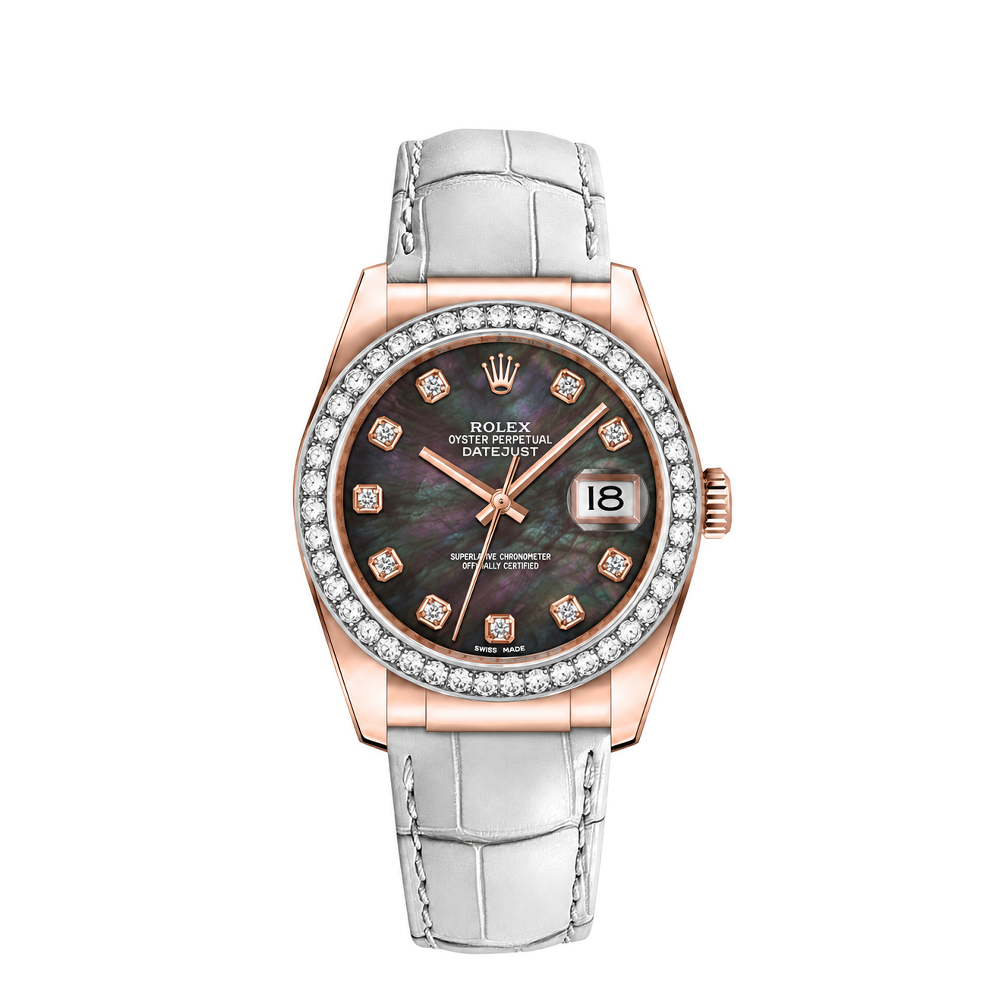Rolex Datejust 36 Everose Strap Black Mother of Pearl Diamonds