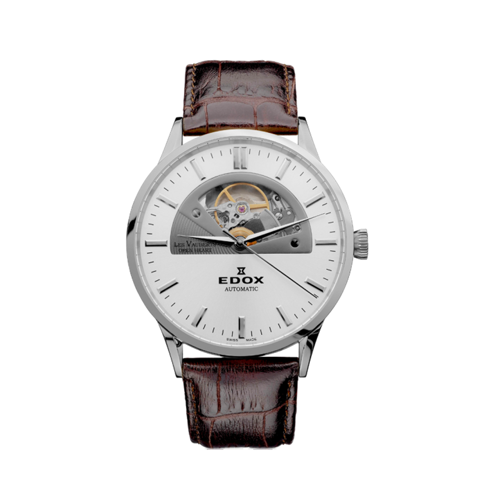 Edox Edox Les Vauberts Open Heart Automatic 85014-3-AIN Silver Dial Straps