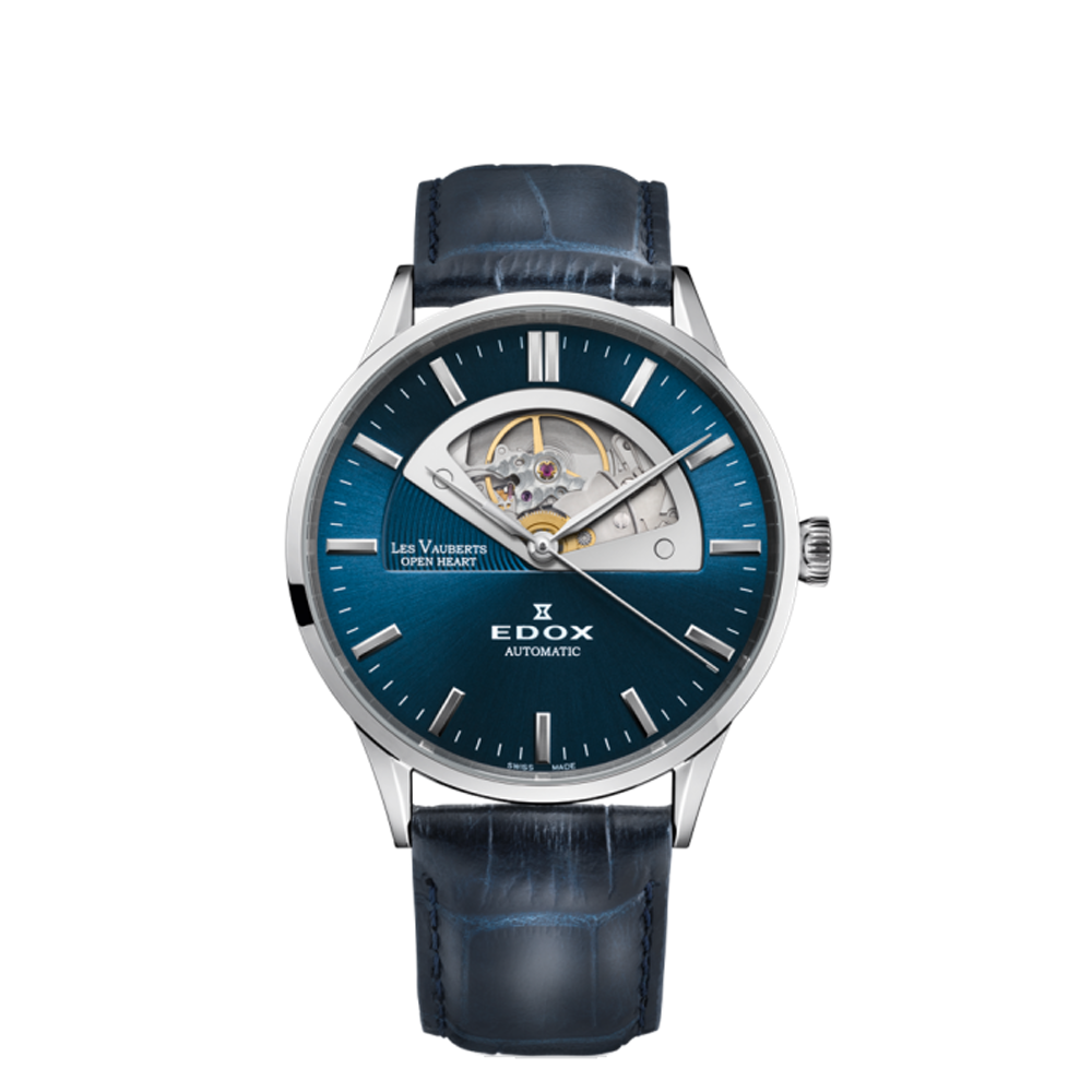 Edox Edox Les Vauberts Open Heart Automatic 85014-3-BUIN Blue Dial Straps