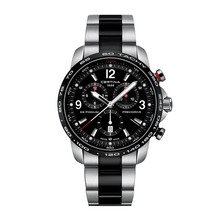 Certina DS Podium Big Size Chrono 1/100 Sec Stainless Steel / PVD / Black / Bracelet