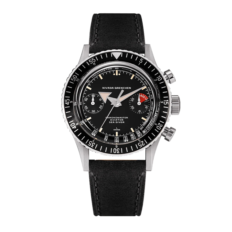 Nivada Grenchen Chronomaster Aviator Sea Diver Automatic Stainless Steel / Black / Black Leather Black Dial Straps