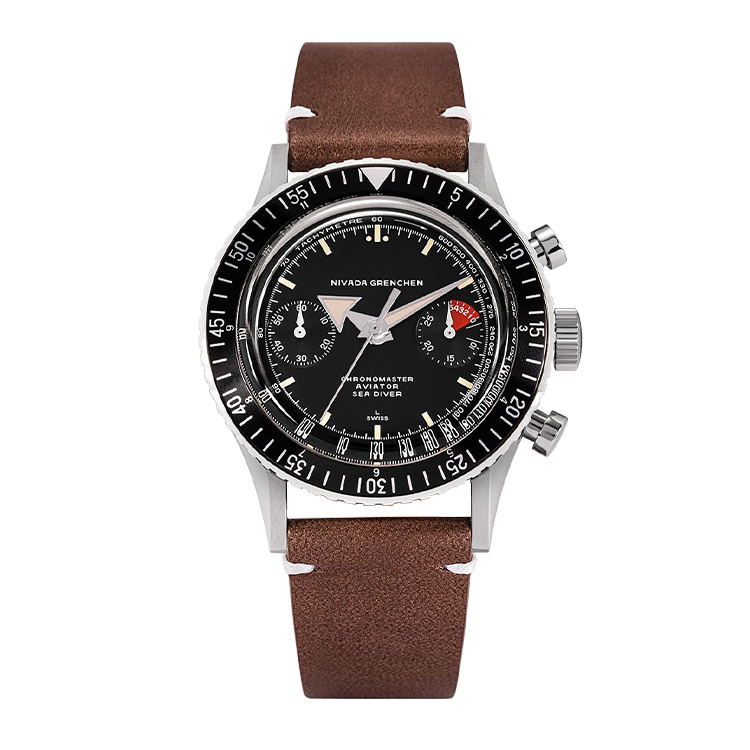 Nivada Grenchen Chronomaster Aviator Sea Diver Automatic Stainless Steel / Black / Brown Leather Black Dial Straps