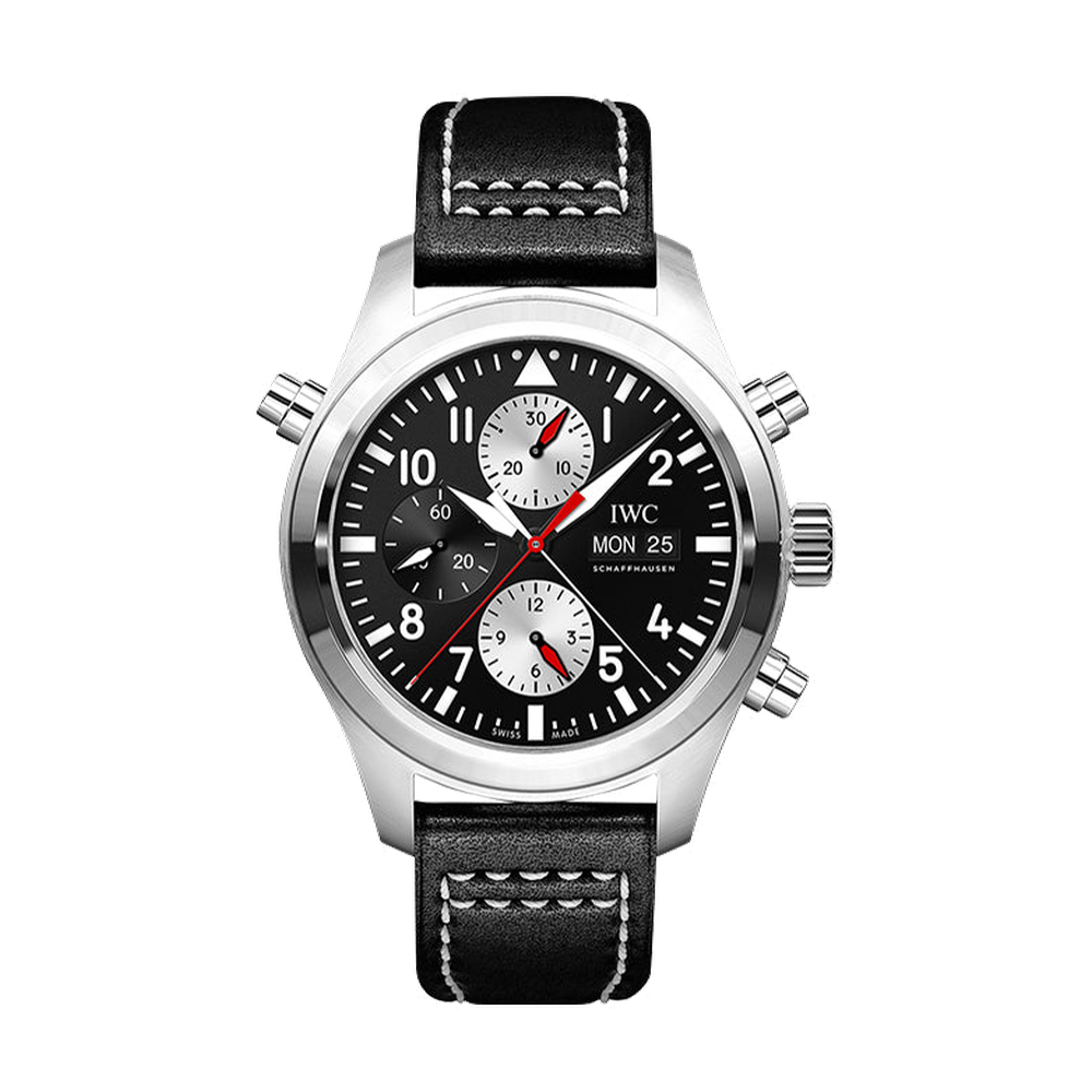 IWC Pilot's Watch Double Chronograph Stainless Steel / Black-Silver / Calf / Watches of Switzerland