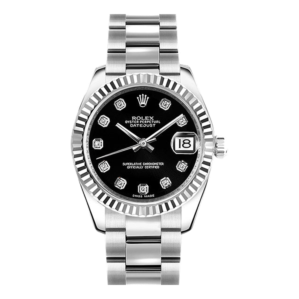 Rolex Datejust 31 White Gold Fluted / President / Black Diamond