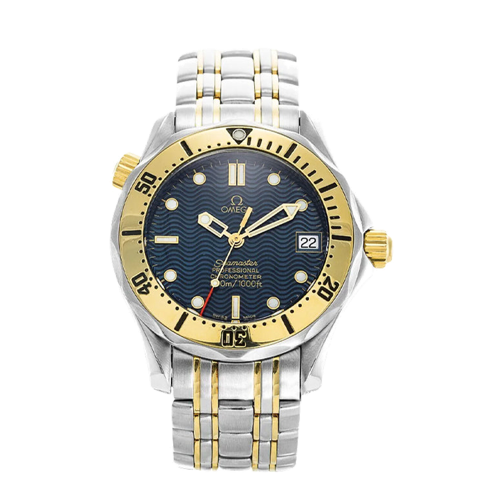 Omega Diver 300M Automatic 41 Stainless Steel / Yellow Gold / Blue / Bracelet White Dial Straps