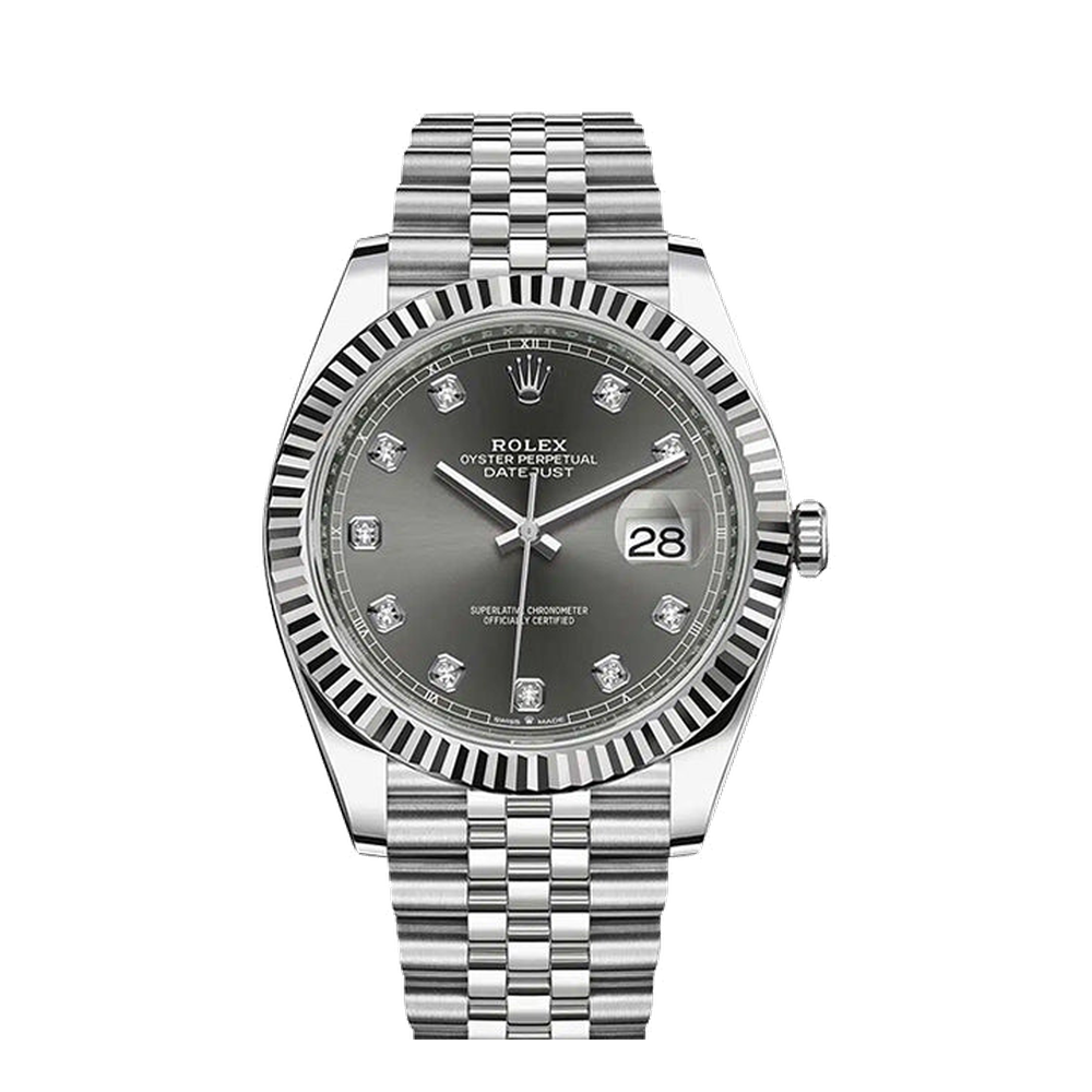 Rolex Datejust 41 Stainless Steel Fluted / Jubilee / Dark Rhodium - Diamond Grey Dial Straps
