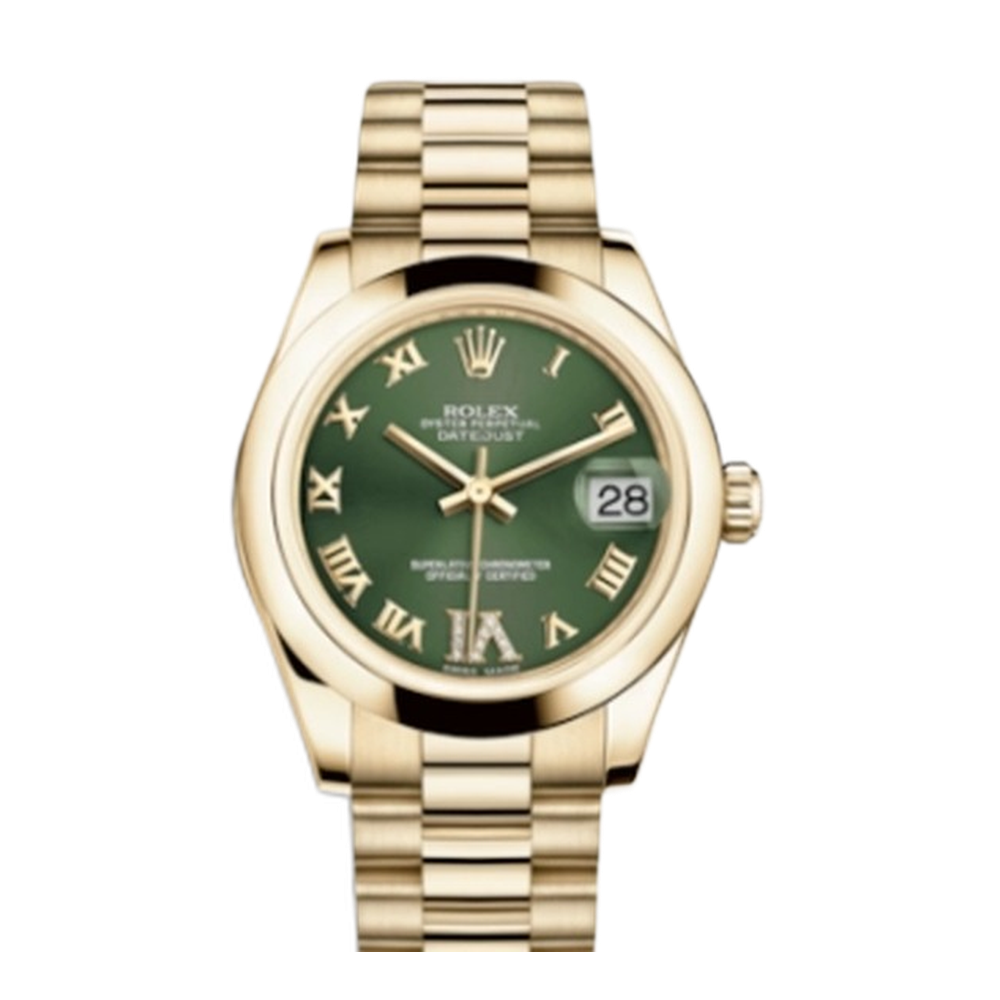 Rolex Datejust 31 Yellow Gold Domed / President / Olive Roman Green Dial Straps