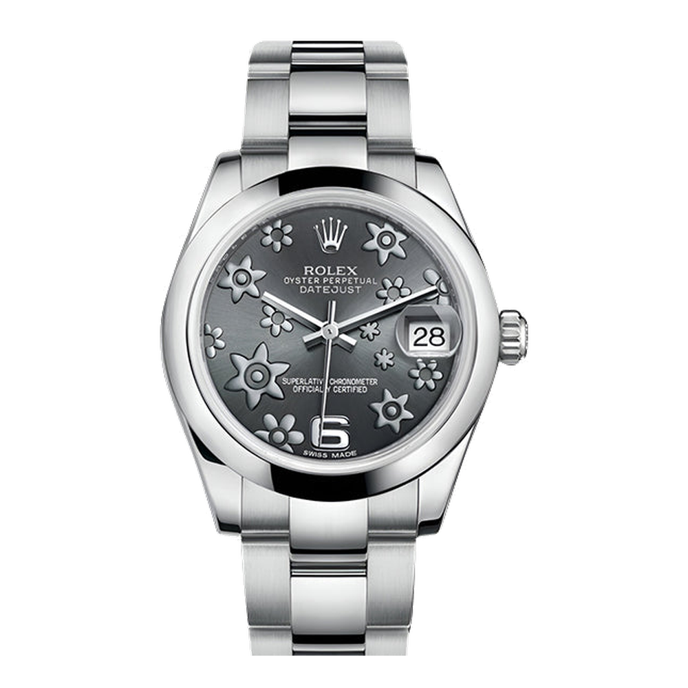 Rolex Datejust 31 Stainless Steel Domed / Oyster / Dark Rhodium Floral Grey Dial Straps