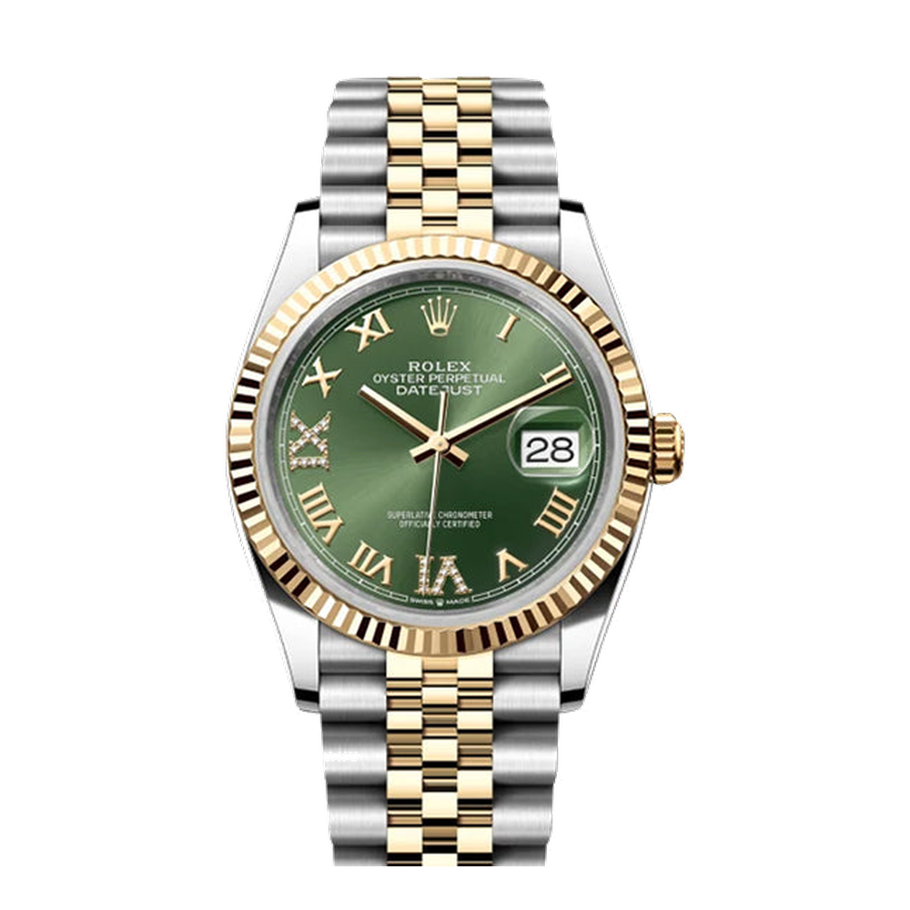 Rolex Datejust 36 Stainless Steel / Yellow Gold / Diamond / Olive Green Roman Diamond / Jubilee