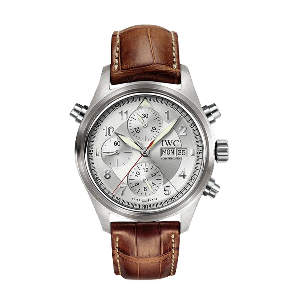 IWC Pilot's Watch Spitfire Double Chronograph Stainless Steel / Silver / German / Strap Grey Dial Straps