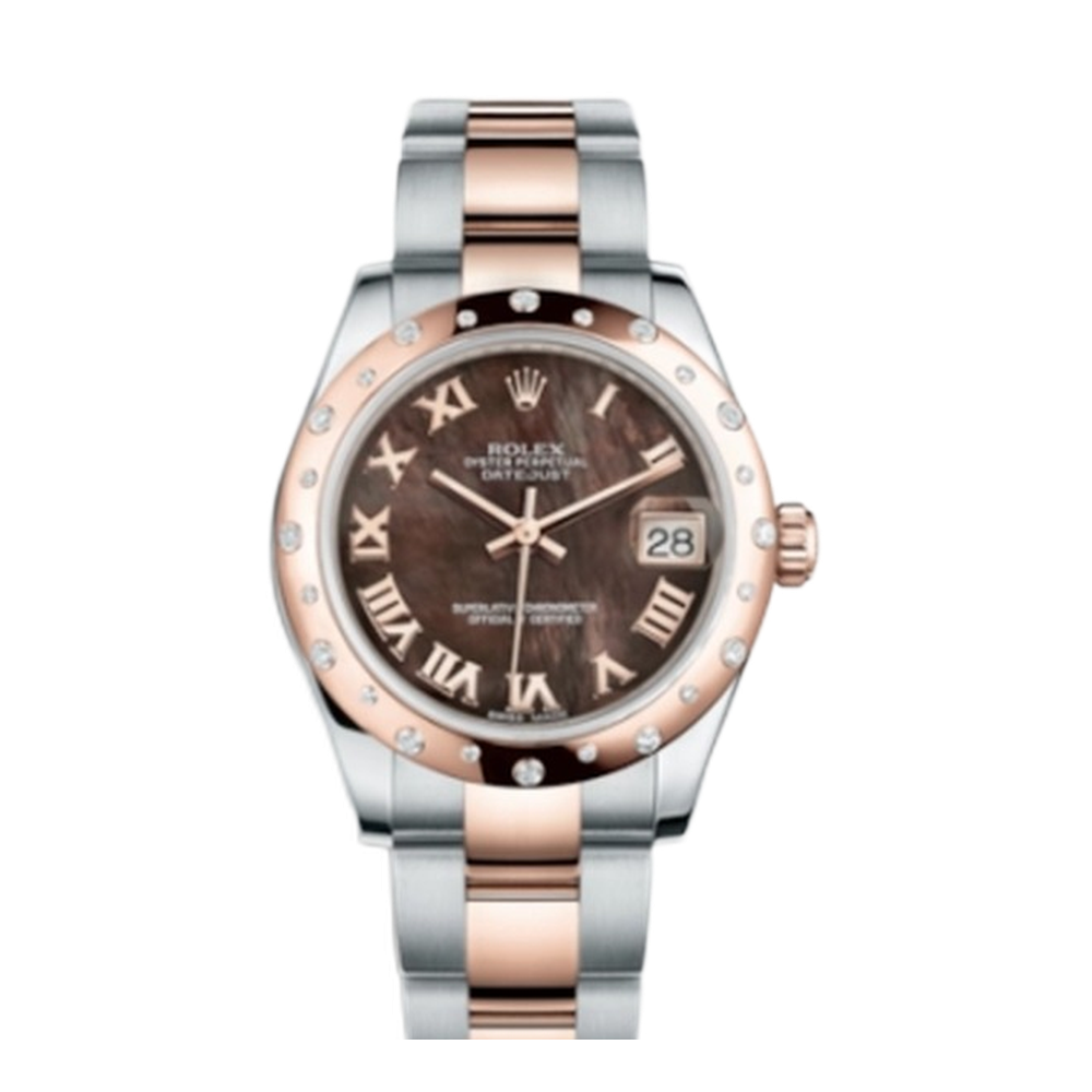 Rolex Datejust 31 Rolesor Everose Domed Diamond / Oyster / Black MOP Roman Brown Dial Straps