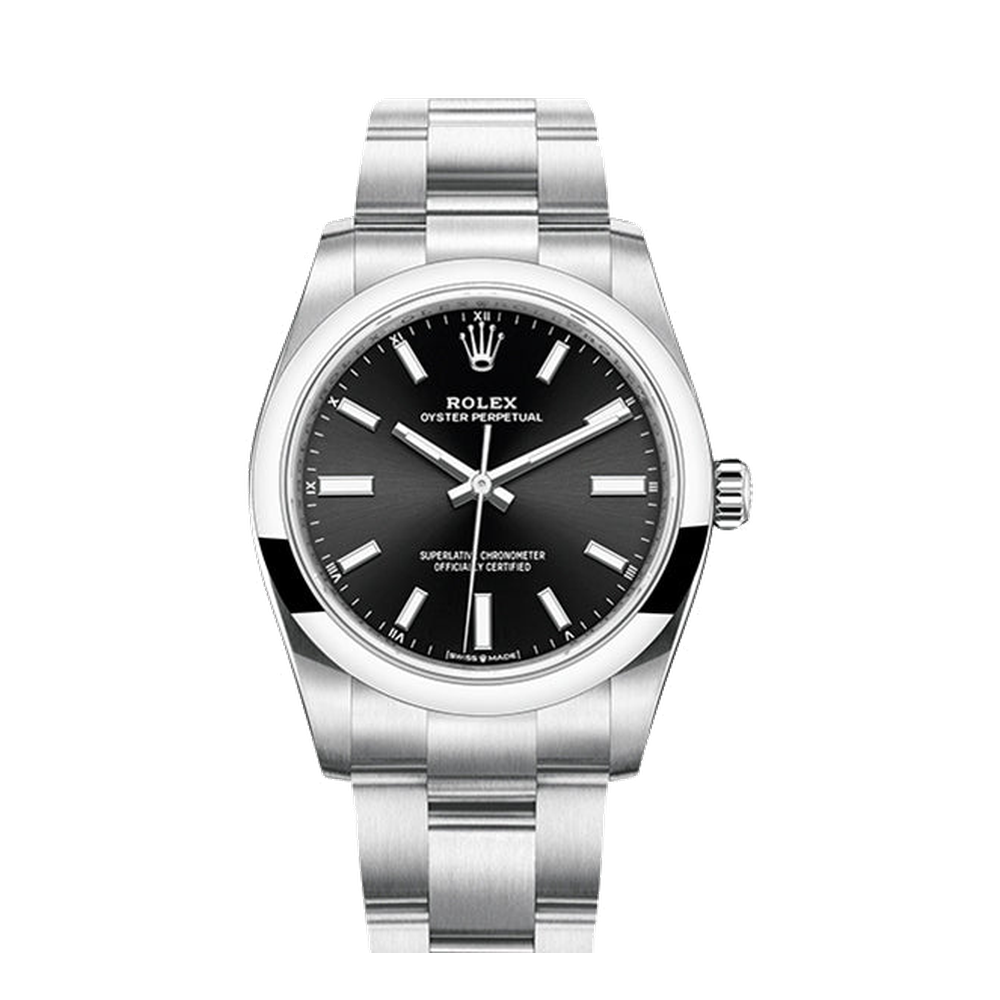 Rolex Oyster Perpetual 34 Stainless Steel / Black Black Dial Straps