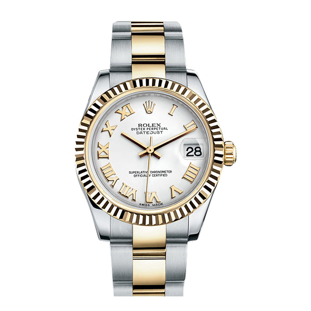 Rolex Datejust 31 Rolesor Yellow Fluted / Oyster / White Roman White Dial Straps