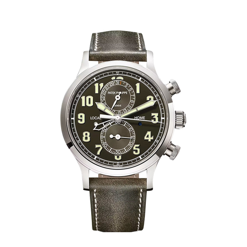 Patek Philippe Calatrava Pilot Travel Time Chronograph White Gold / Green