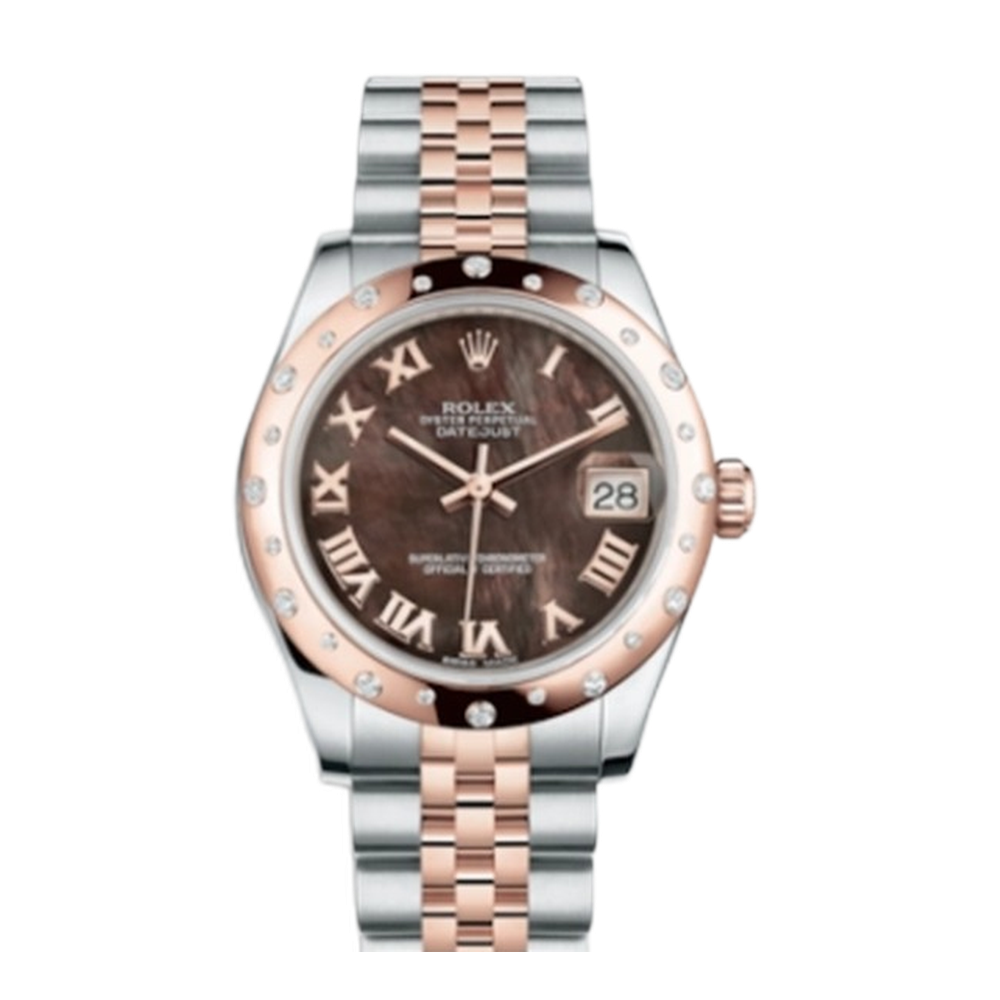 Rolex Datejust 31 Rolesor Everose Domed Diamond / Jubilee / Black MOP Roman Brown Dial Straps