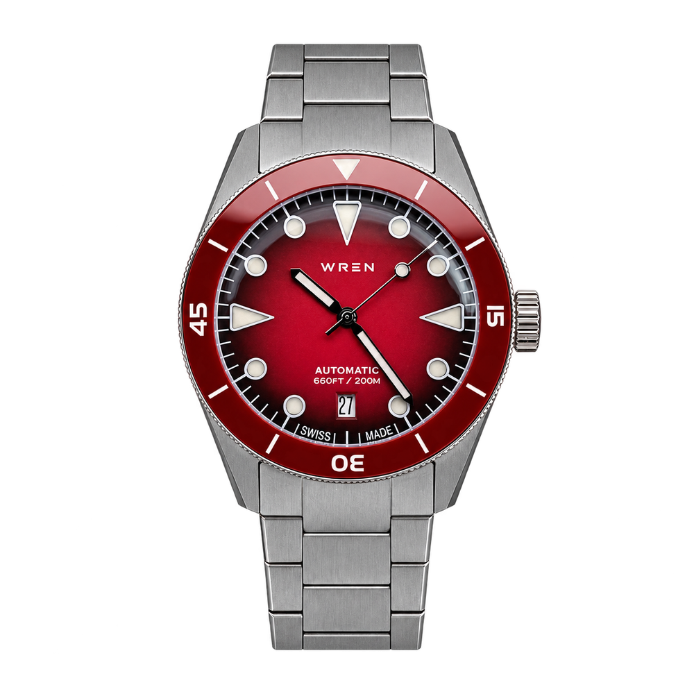 Wren Diver 38 Crimson Date Red Dial Straps
