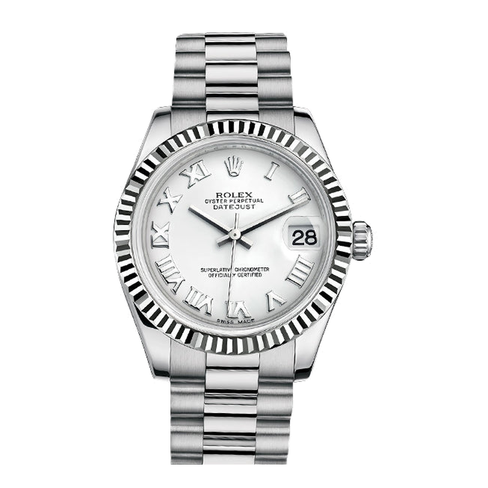 Rolex Datejust 31 White Gold Fluted / President / White Roman