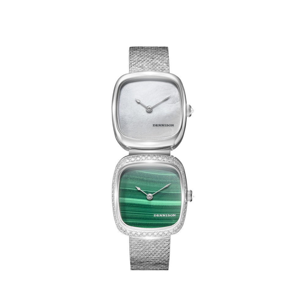 Dennison Dual Time Mini – White MOP & Malachite — White MOP In Steel & Malachite Diamonds