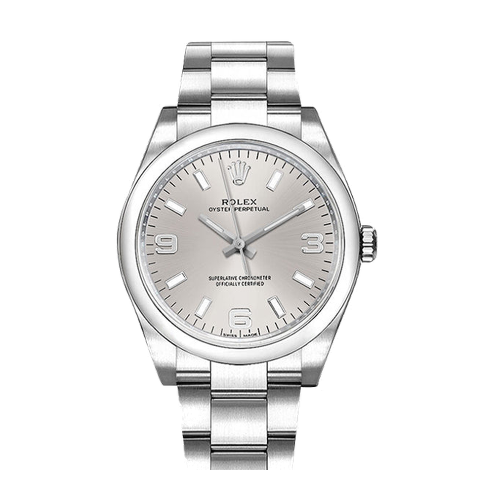 Rolex Oyster Perpetual 34 Silver Explorer Grey Dial Straps