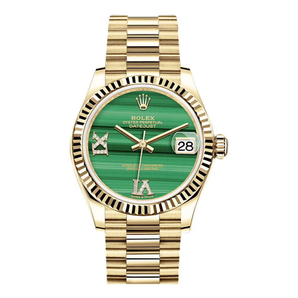 Rolex Datejust 31 Yellow Gold / Fluted / Malachite / President