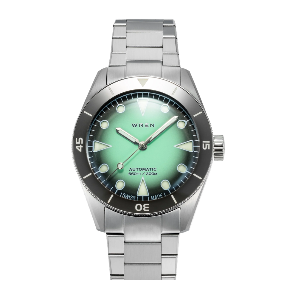 Wren Diver 38 Seafoam No Date Green Dial Straps