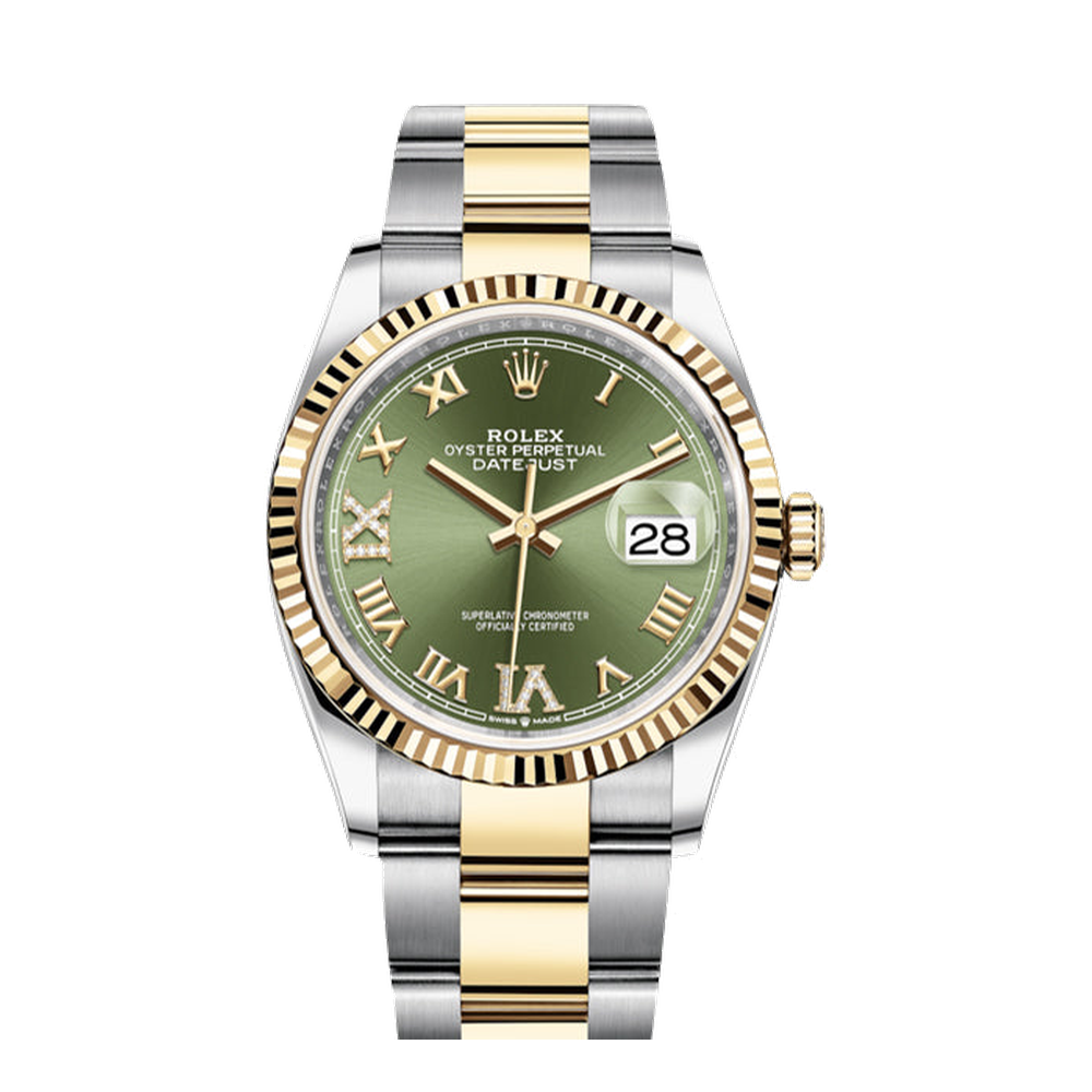 Rolex Datejust 36 Stainless Steel / Yellow Gold / Fluted / Olive Green Roman Diamond / Oyster