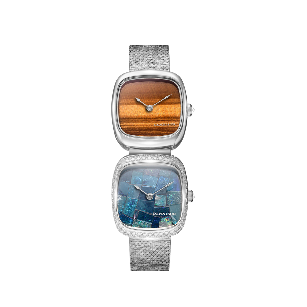 Dennison ALD Dual Time Mini Tiger Eye & Opal — Tiger Eye in Steel & Opal Diamonds