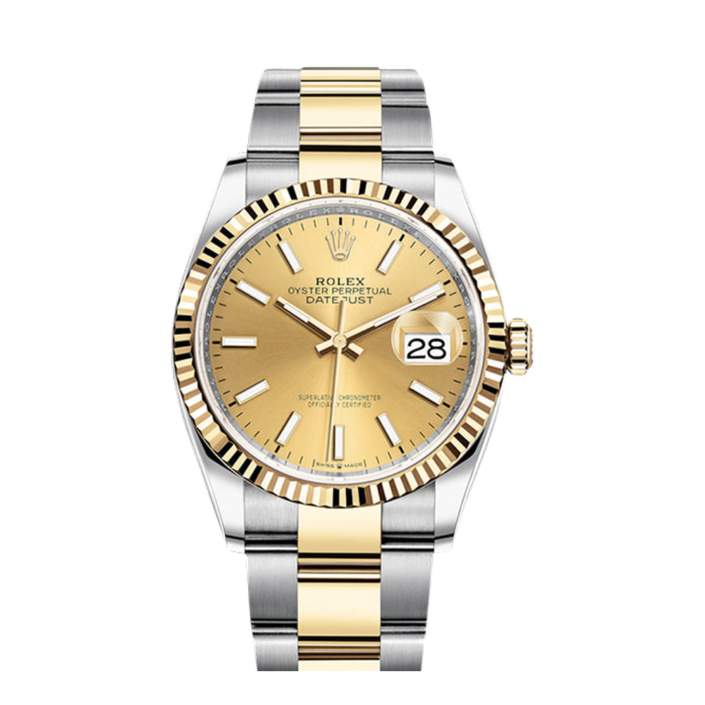 Rolex Datejust 36 Stainless Steel / Yellow Gold / Fluted / Champagne / Oyster Yellow Dial Straps