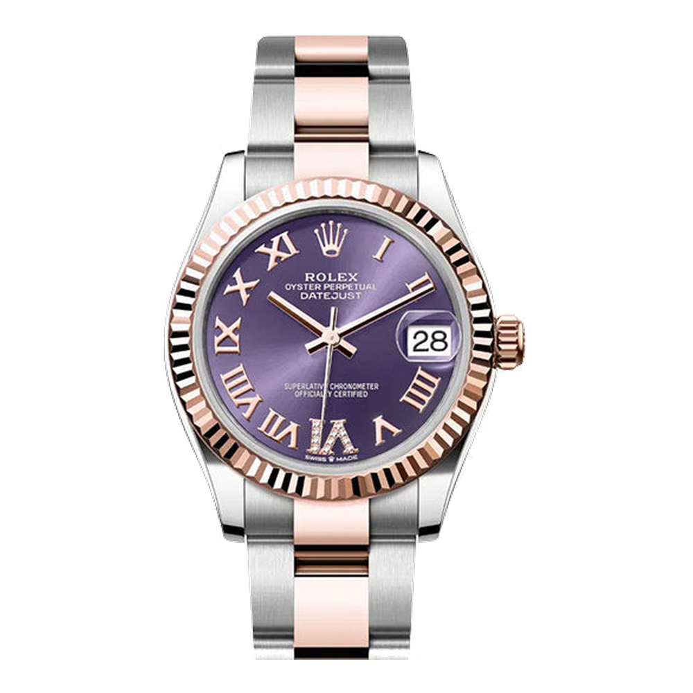 Rolex Datejust 31 Stainless Steel/ Rose Gold / Fluted / Aubergine - Roman / Oyster Purple/Bordeaux Dial Straps