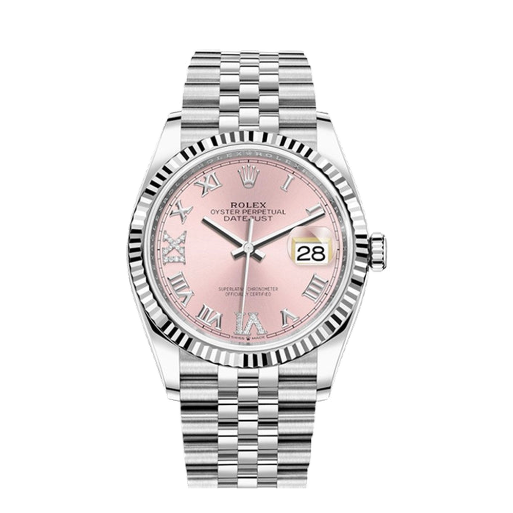 Rolex Datejust 36 Stainless Steel / Fluted / Pink Roman-Diamonds / Jubilee Pink/Salmon Dial Straps