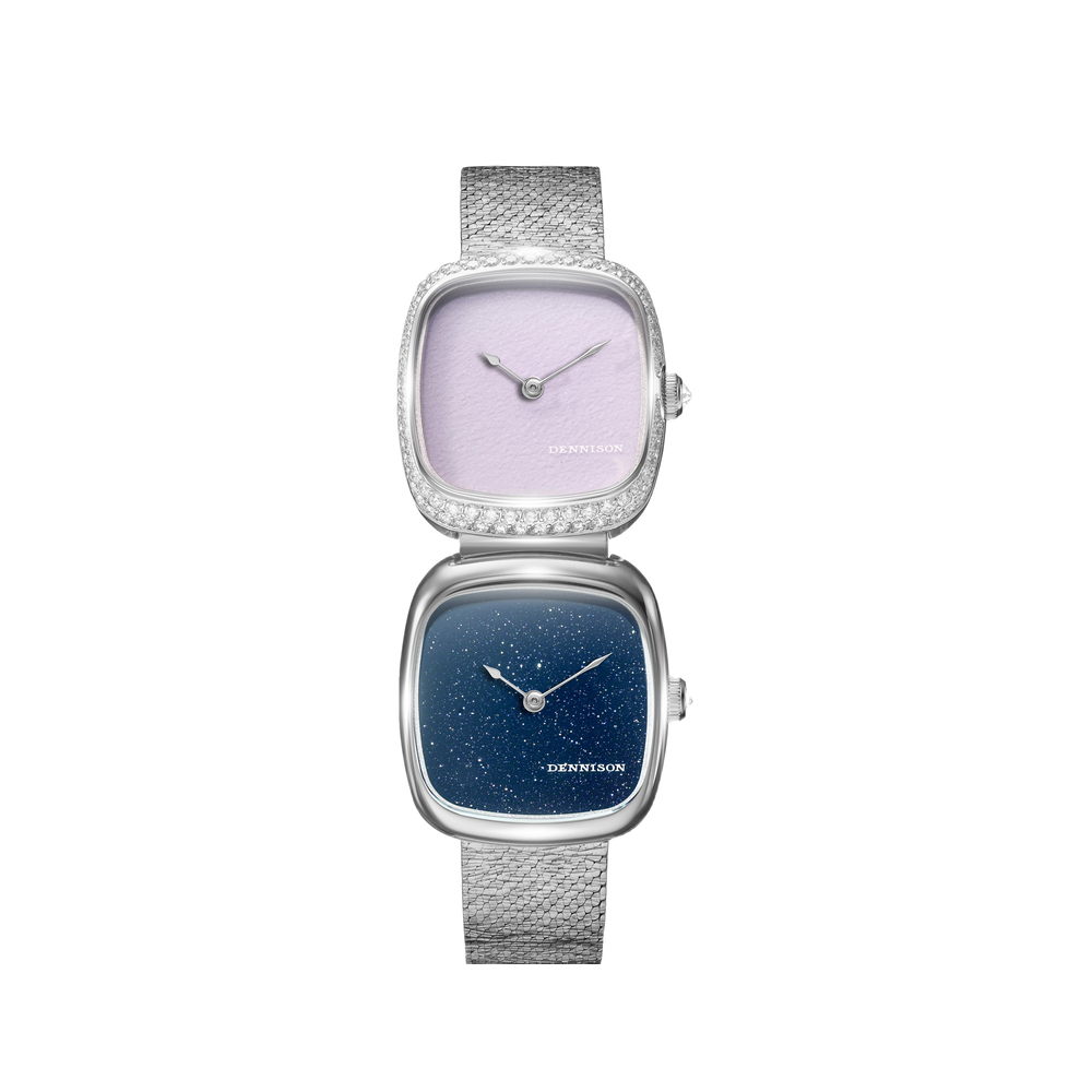 Dennison Dual Time Mini – Pink Malaysian Jade & Aventurine — Diamond & Steel Pink/Salmon Dial Straps