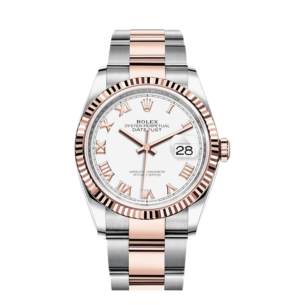 Rolex Datejust 36 Stainless Steel / Everose / Fluted / White Roman / Oyster